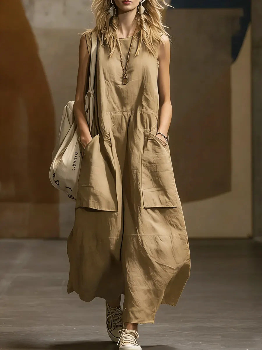 Sleeveless Linen-Blend Pocket Maxi Dress