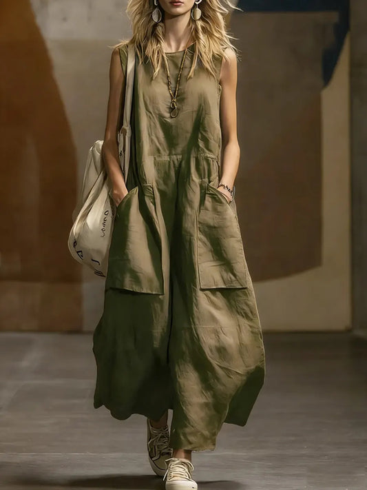 Sleeveless Linen-Blend Pocket Maxi Dress