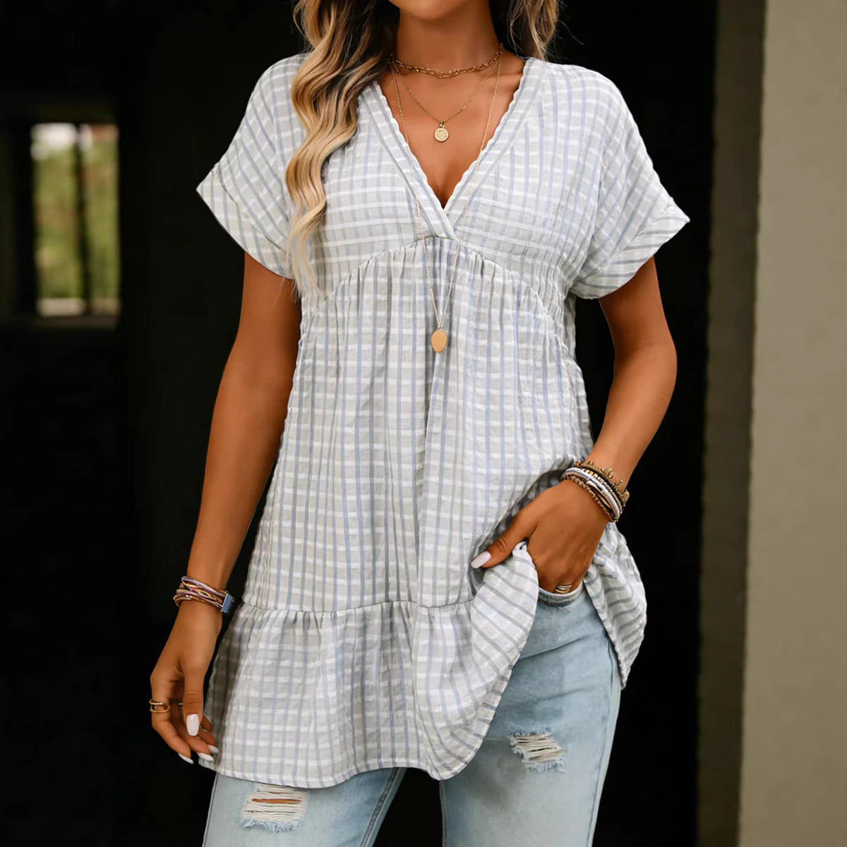 Summer Loose Plaid Shirt Dress For Women