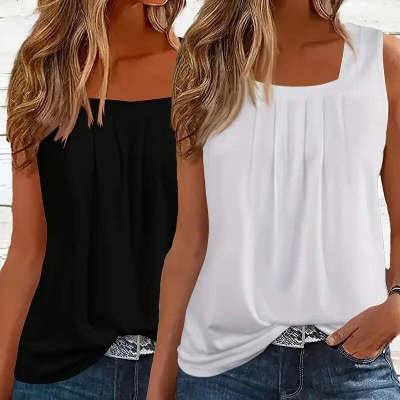 Summer Tank Tops For Women Loose Fit Pleated Square Neck Sleeveless Tops Vest T-shirt